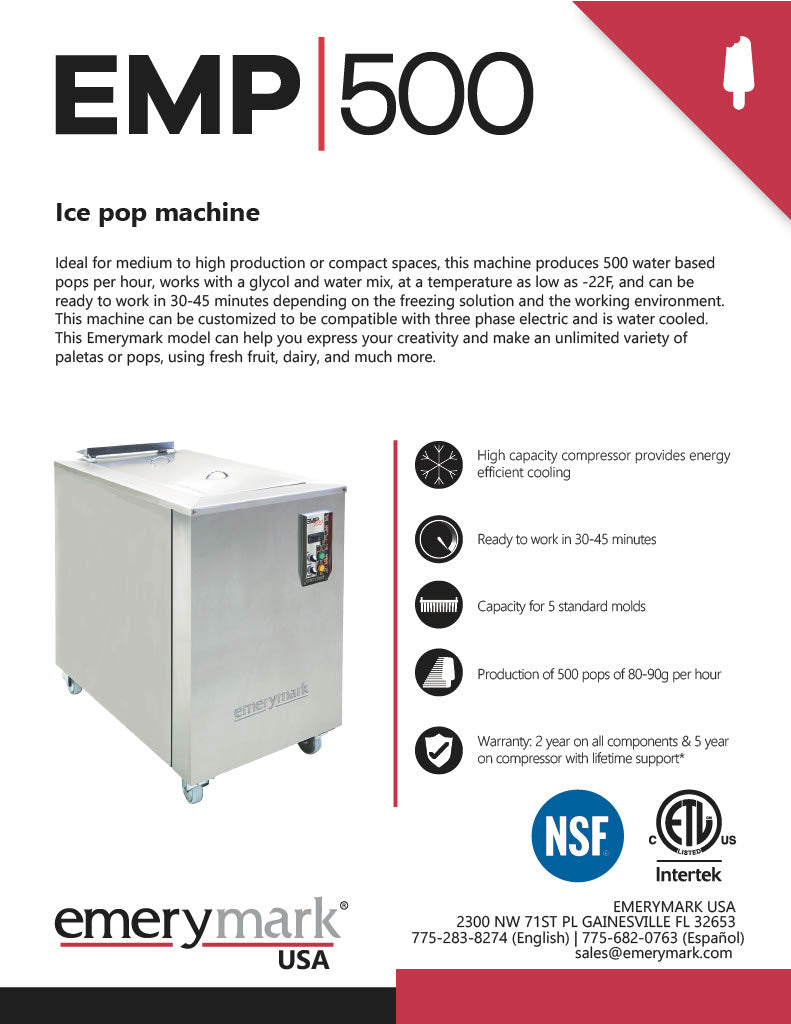 EMP 500 Paleta/Ice Pop Maker -500 pops per hour Spec Sheet